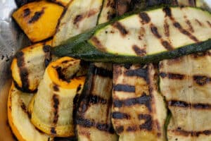 close up of Courgette and Aubergine Salad cooked on a bbq