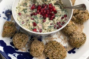 photot of Crispy Sesame Falafel with aubergine dip