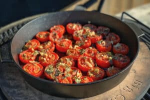 photo of Slow roast tomatoes in a pan in the sunshine