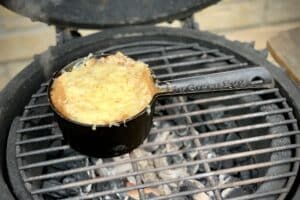 photo of French Onion Soup in a mini pan on the bbq grill