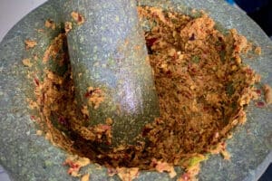 photo of Thai Red Curry Paste in a pestle and mortar