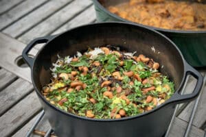 photo of a large enamel dutch oven of Vegetable Biryani