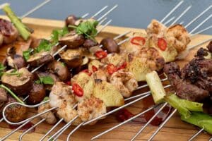 Jerk prawn and pineapple skewers