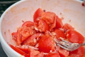 photo of La Mams tomato salad in a white bowl