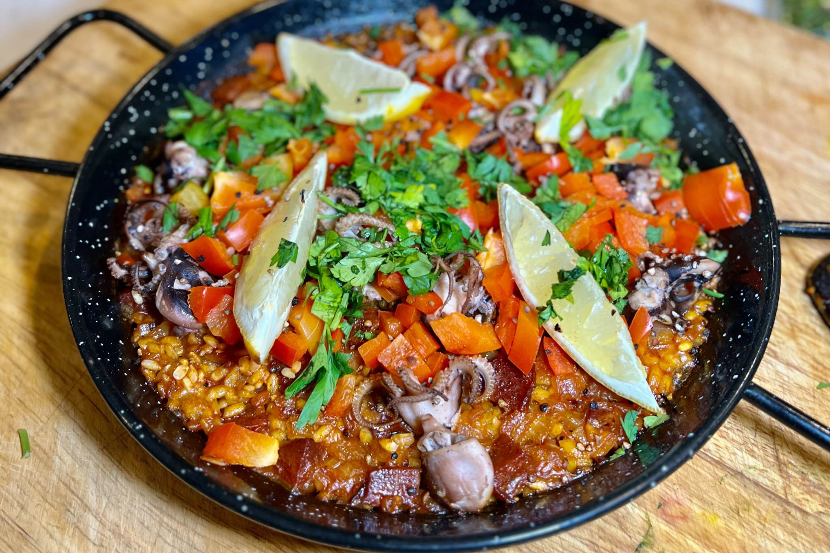 Baby Octopus and Spicy Chorizo Paella - Meat Smoke Fire