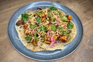 photo of Indian Sweet Potato with Chutneys and a Mint Paratha