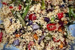 close up photo of Roasted Vegetable Couscous cooked on a bbq