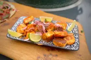 photo of Paneer 65 on a blue and white serving plate
