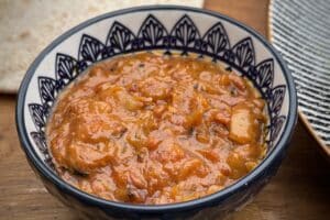 photo of Curry dipping sauce in a blue and white bowl