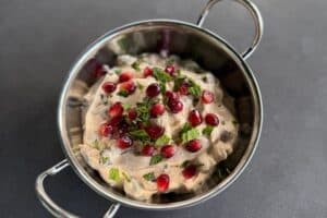 photo of Pomegranate Raita in a silver balti bowl